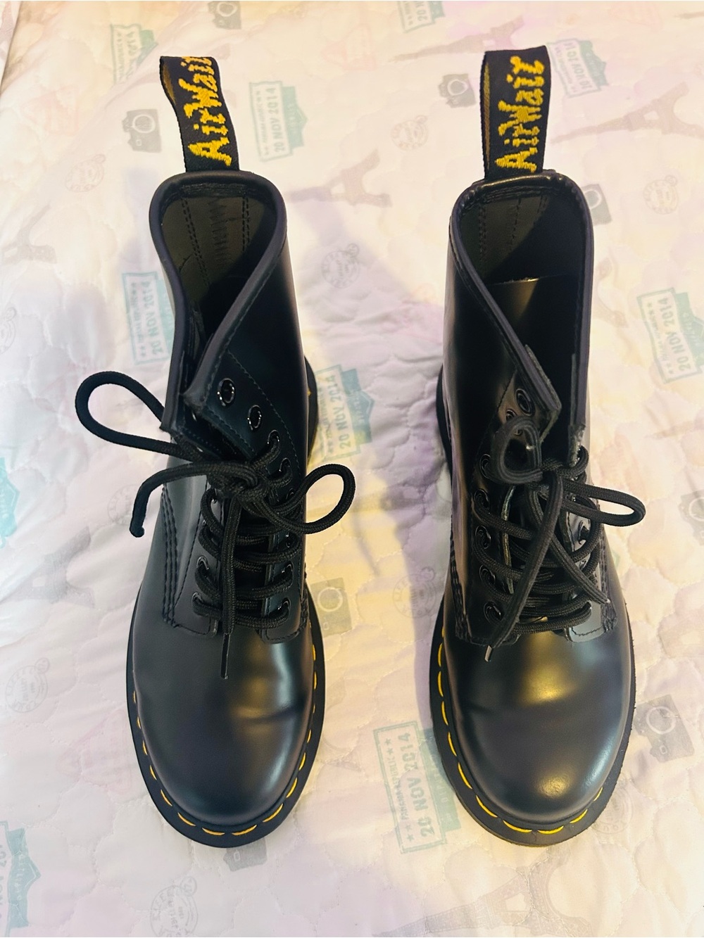NEW! never worn Dr. Martens Black Leather Boots with Yellow Stitching
